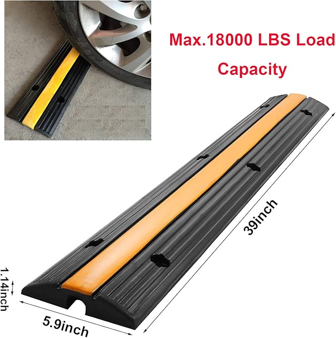 Reliancer 4 Pack 1-Channel Rubber Cable Protector Ramp Traffic Speed Bump 18000lbs Capacity Heavy Duty Cable Protective Cover Ramp Driveway Hose Cord Track Protector Wires Concealer for Garage Parking