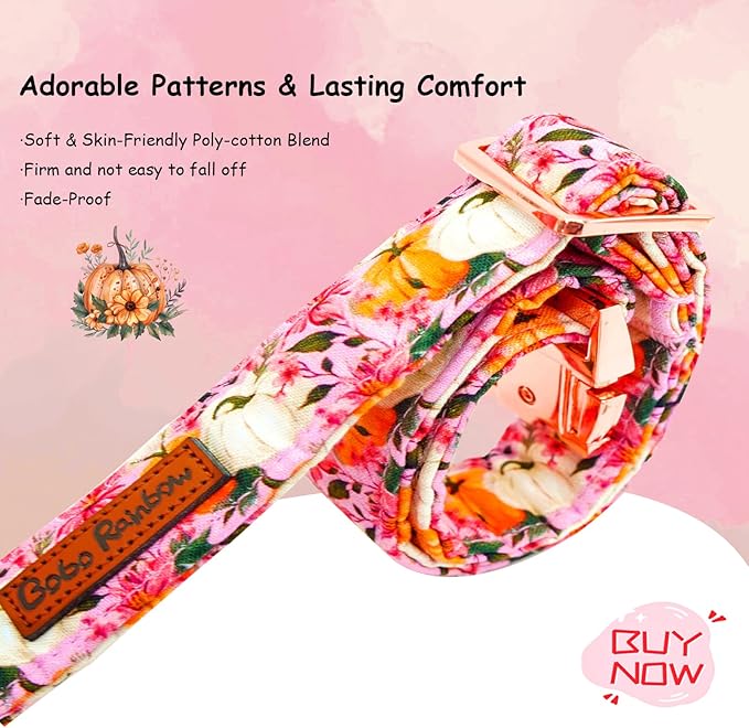 Fall Dog Collar, Pink Flower Pumpkin Print Adjustable Pet Collar Cute Cotton Soft Collars with Bow Tie Metal Buckle Holiday Puppy Collars Boy&Girl Gift for X-Small Dogs