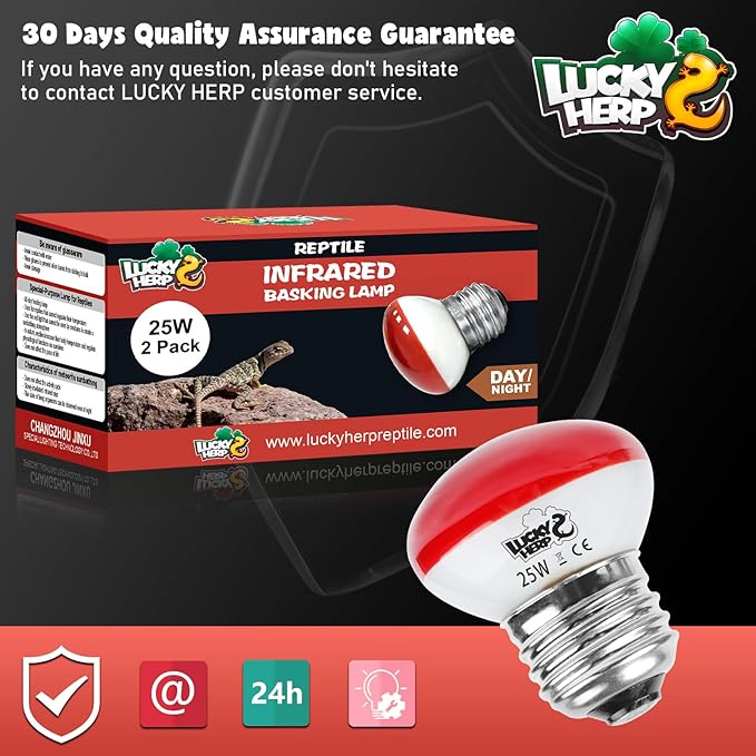 LUCKY HERP Infrared Heat Lamp, 25W Reptile Heat Lamp 2 Pack Red Heat Lamp Bulbs, Infrared Basking Spot Heat Light Bulb, Amphibians Heat Lamp Bulbs for Reptile, Geckos, Snakes, Lizard, Turtle