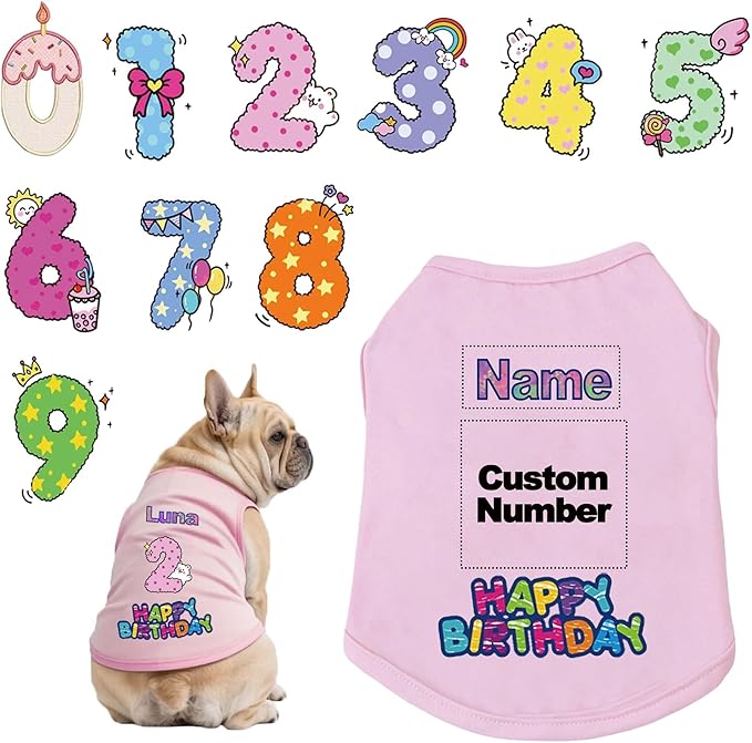 Custom Dog Birthday Shirt,Personalized Pet Apparel Print with Name Age Number,Pet Birthday Outfit,Lightweight Breathable Cotton Vest for Small Medium Large Dogs Cat (Pink, 7X-Large)