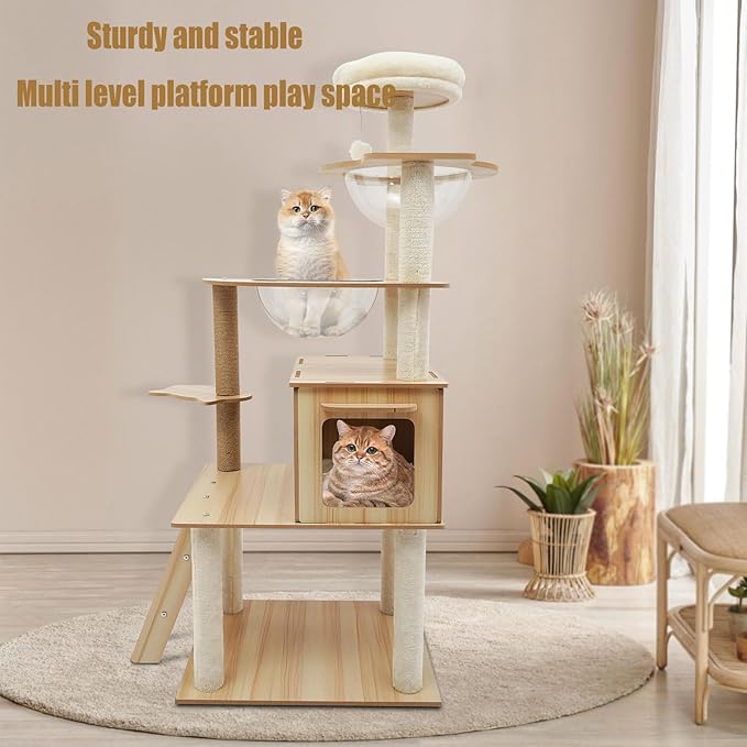 Wood Cat Tree, Modern 5-Tier Wooden Cat Tree, Wooden Tower with Acrylic Space Capsules & Sisal Scratching Post, 55.1in Multi-Level Activity Center for Indoor Cats (22lbs Capacity)