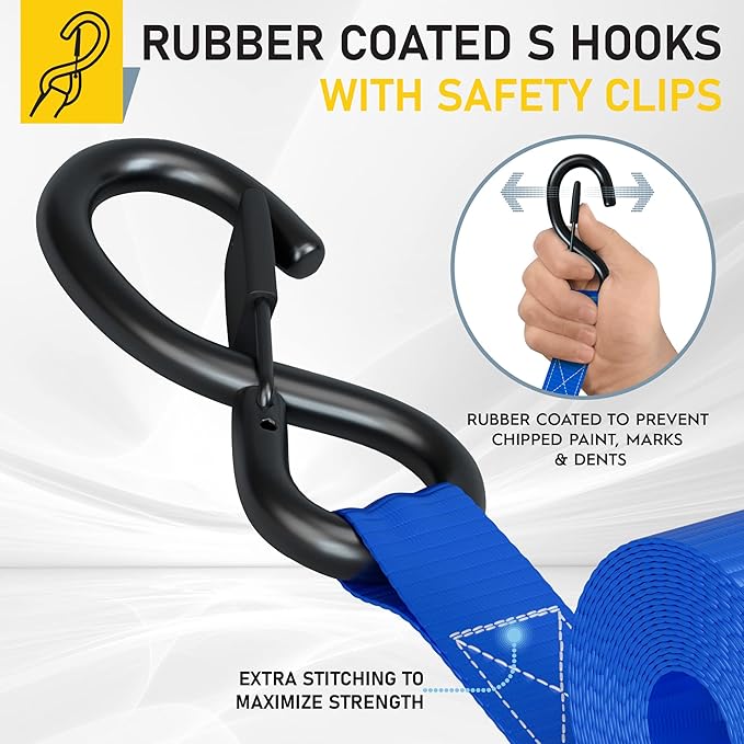 AUGO Ratchet Straps Heavy Duty 4 Pack -15 FT - 2200 LB Break Strength – with Safety Lock S Hooks - Cargo Straps for Moving, Appliances, Motorcycle – Soft Loop Tie Down Straps