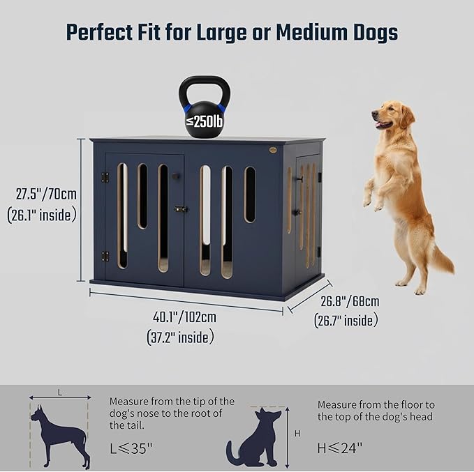 Elegant Heavy-Duty Dog Crate Furniture for Large Dogs - 40-inch Blue Multi-Layer Solid Wood tv Stand with 2 Quick-Release Doors, Stylish Indoor Dog Kennel or cage