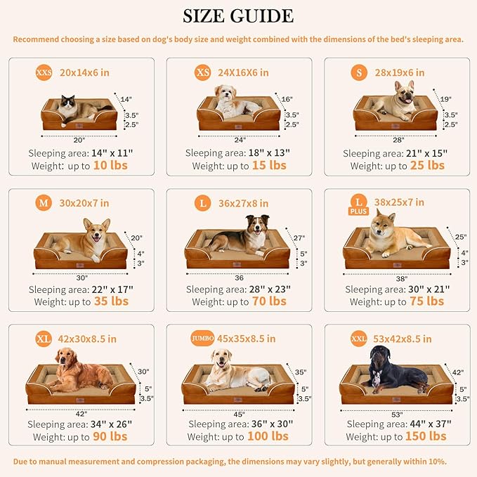 Comfort Expression Orthopedic Dog Bed for Medium Dogs 28x19 Inch, Waterproof Supportive Egg Crate Foam Medium Pet Bed with Removable Bolsters, Dog Couch with Washable Cover & Non-Slip Bottom, Orange