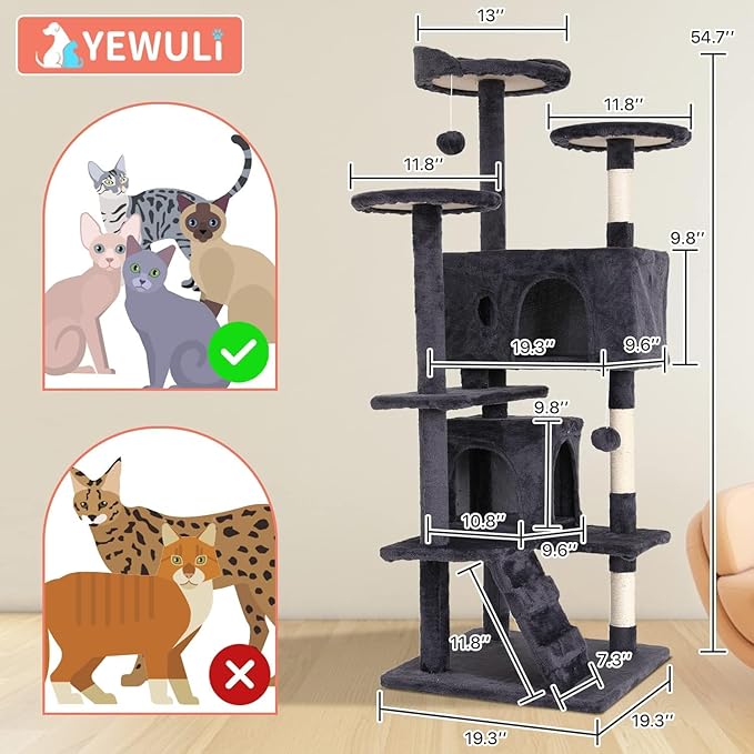 Large Cat Tree with Scratching Post, 54in, Wooden Frame, Sisal Ropes, 3 Platforms, 2 Hanging Balls, 2 Cushions, Light Gray