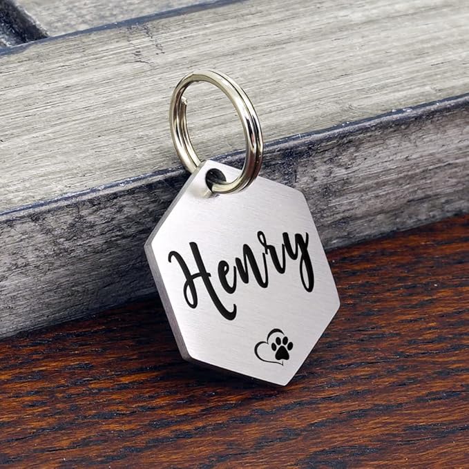 Ultra Joys Custom Personalized Hexagon Dog ID Tag - Brushed Stainless Steel Silver Large