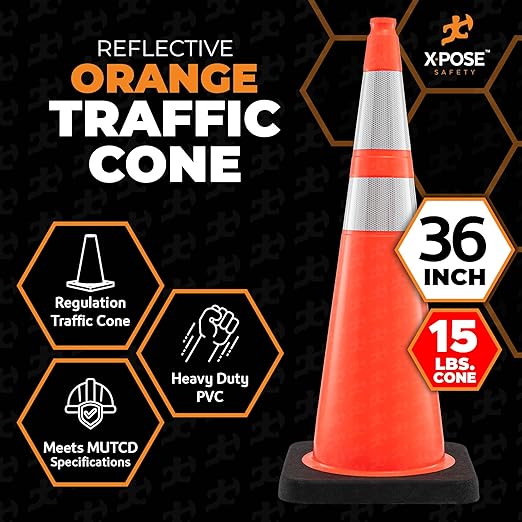 Xpose Safety 36 Inch Orange Traffic Cones Heavy Duty 15lb with 6" & 4" Collars, 8 Pack - Multipurpose PVC Plastic Safety Cone for Parking, Soccer, Caution, Kids and Construction - DOT Approved