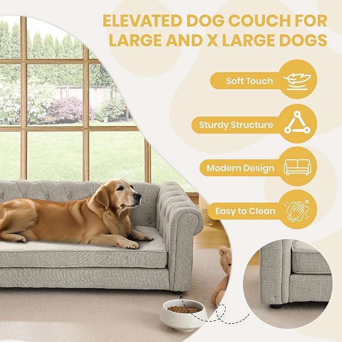 Elevated XL Large Dog Sofa with Backrest and Armrests, 55" Button Tufted Dog Couch Bed with Soft Cushion for Large Dogs, Stylish Lounging Bed Pet Couch Chair, 120Lbs Weight Capacity, Beige