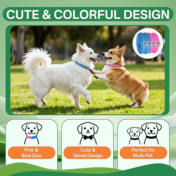 Flea and Tick Prevention for Dogs Collar 4 Pack, Natural Flea Collar for Dogs 32-Month Full Protection, Adjustable Dog Tick Prevention for Puppy & Dog, Waterproof, 2 Pink & 2 Blue