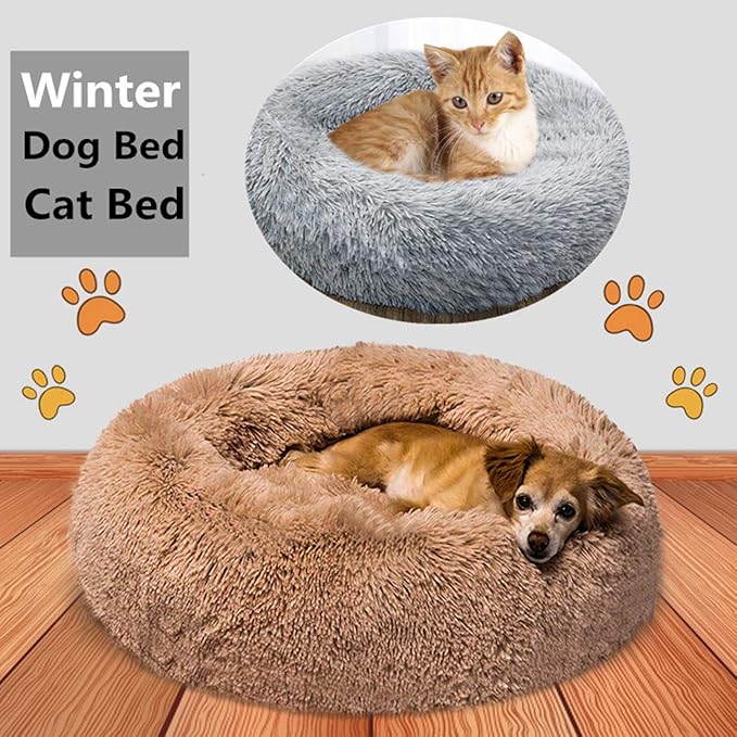 huraty Plush Calming Dog Bed, Faux Fur Donut Cuddler Bed for Cats, Anti-Skid & Anti-Anxiety, 20 Inch for Puppy and Kitties, Lilac, S