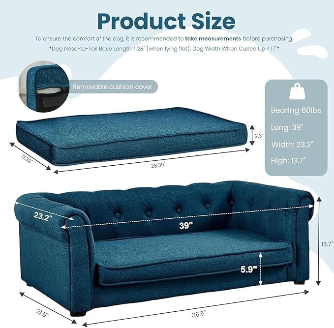Dog Sofa Couch for Medium to Large Dogs, Memory Foam Dog Couch with Washable Fabric, Removable Cushion, Sofa Bed for Medium and Large Dogs, Blue
