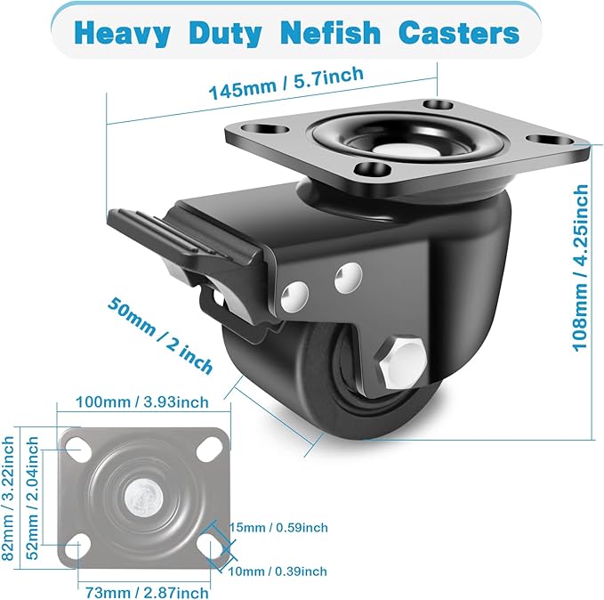 Nefish 3-Inch Heavy Duty Casters Set of 4, Industrial Grade Casters Wheels 4400 LBS, Low Gravity Plate Swivel Caster with Brake, Durable & Corrosion-Resistant Nylon Wheels for Industrial, Machine