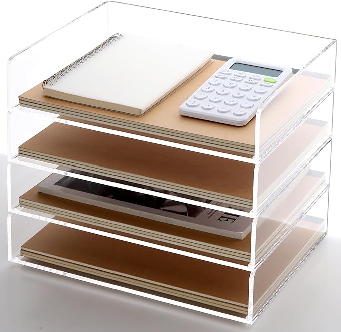 Acrylic Paper Tray, 4 Tier Paper Organizer for Desk, Clear Acrylic Desk Organizers, Stackable Letter Tray Workspace oaganzier -Art Storage for School Classroom -4 Pack…
