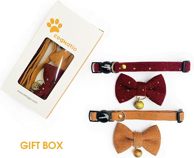 Safety Quick Release Cat Collars, Soft Kitten Collars with Detachable Bow Tie and Bell, Pack of 2, Adjustable 20-30 cm