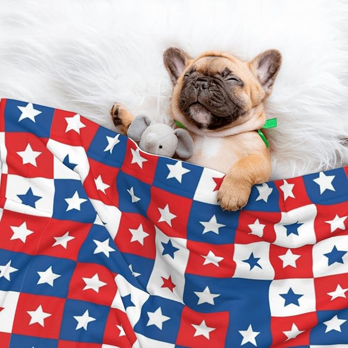 Two Sided Pet Cuddler Blanket for Anxiety Calming, American Flag Plaid Pattern, Reversible Plush Design with Bubble Dot Pattern Provides Familiar Surface Anywhere