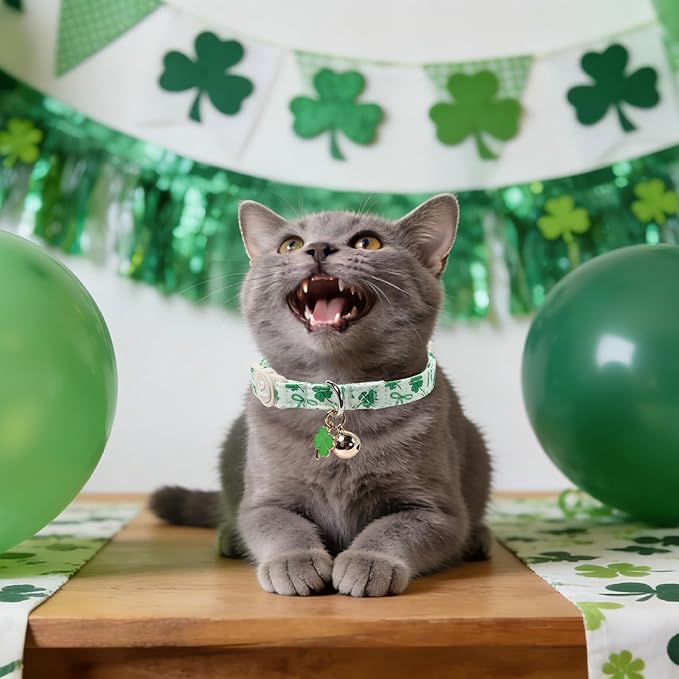 Cat Collar,2Pack St.Patrick's Day Cat Collars Cute Breakaway Kitty Collars,Spring Green Shamrock Cat Collar with Bell, Lucky Clover Kitten Collars with Safety Buckle for Girl & Boy Cats