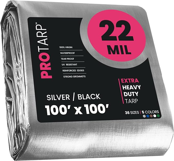 PROTARP Extreme Heavy Duty 22 Mil Tarp Cover, Waterproof, UV Resistant, Rip and Tear Proof, Poly Tarpaulin with Reinforced Edges for Roof, Camping, Patio, Pool, Boat. (Silver/Black 100′ X 100′)