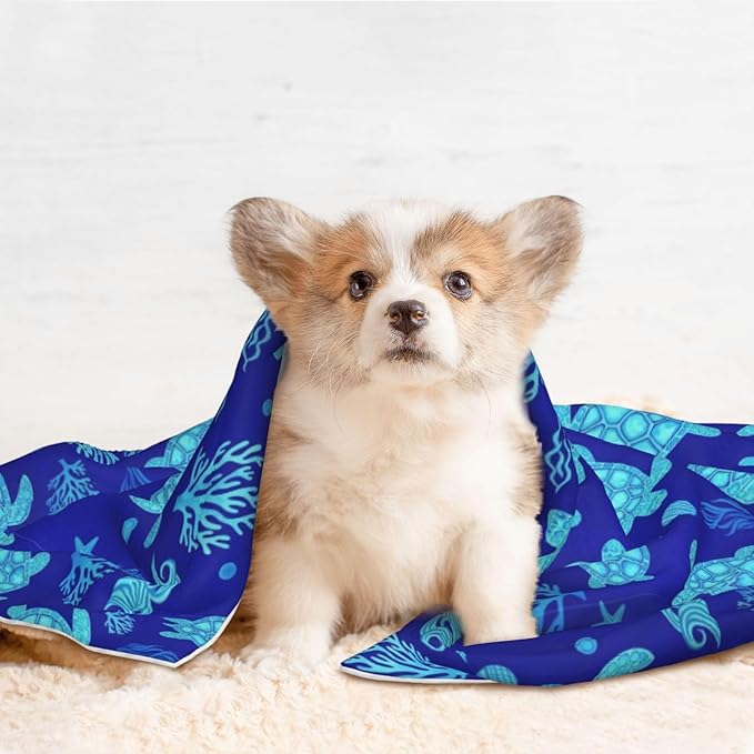 Two Sided Plush Pet Blanket for Crates Carriers Home Use, Watercolor Blue Sea Turtle, Reversible Throw with Cozy Dot Fabric and Silky Reverse for Small Large Pets