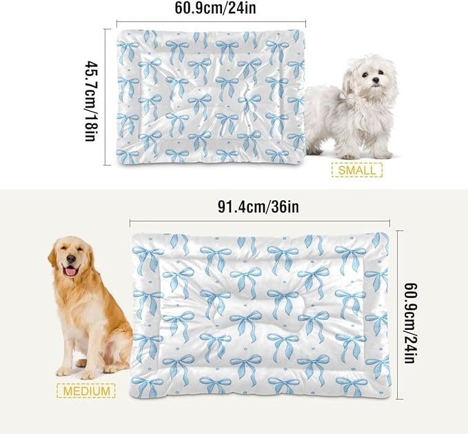 Blue Ribbon Bow Dog Bed Mat Cat Crate Pad with Non-Slip Bottom, Washable Soft Pet Kennel Beds for Small Medium Large Dogs, 24"x18"