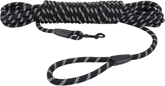 Long Dog Leash for Training 50Ft-Reflective Nylon Rope with Swivel Hook-Recall Agility Lead for Large Small Medium Dogs Outside Walking Hiking-Black Diam 1/2"