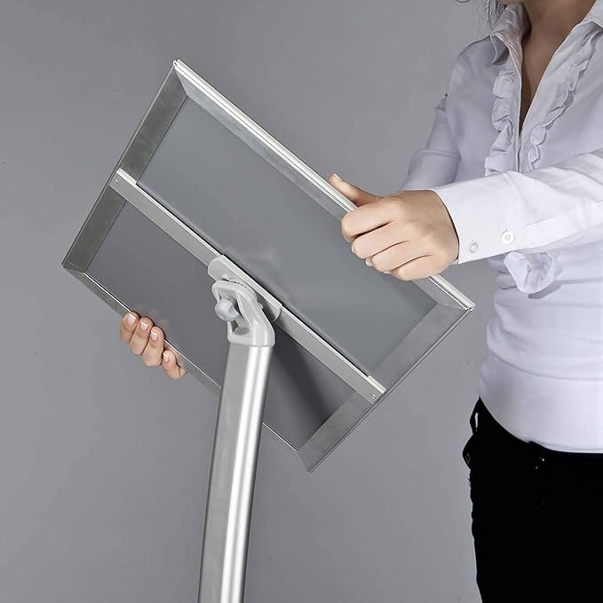 M&T Displays Curved Menu Board, 18x24 Inch Pedestal Sign Holder with 8.5x11 Inch Brochure Holder Silver Floor Standing Aluminum Front Loading Easy Open Poster Message Advertisement Post