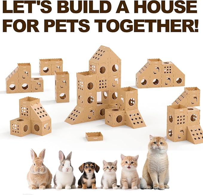 DIY Cardboard Cat House with Scratching Pad, Cat Tower Indoor Play House, Versatile Cardboard Cat Tunnel Box for One or More Pets, Indoor Use Rabbit Hideout Cave Castle Brown, 6 Parts