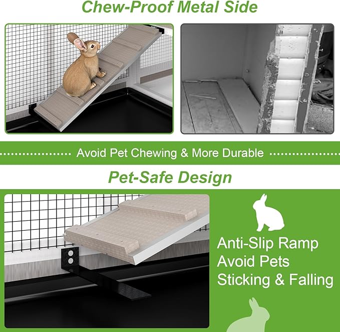 Rabbit Hutch Outdoor Indoor, 2 Story Wooden Bunny Cage with 6 Lockable Wheels, 3 Removable Deep No Leakage Pull Out Trays for Rabbit & Guinea Pig, Chew-Proof Ramp & Waterproof Roof, Grey