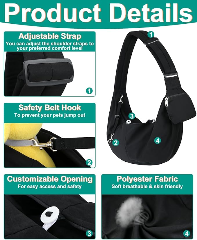 Pet Carrier Sling for Small Dogs and Cats, Dog Carrier Sling with Adjustable Thick Padded Shoulder Strap and Pocket, Hands Free Puppy Carrier Purse for Travel or Everyday Use