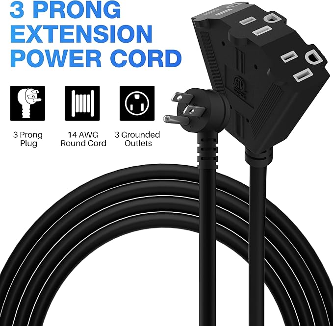 14/3 Gauge Heavy Duty Outdoor Extension Cord 15 FT, 90 Degree Angled 3 Prong Plug, 14 Gauge Power Cable with 3 Outlets, 14AWG, 15A, 125V, 1875W, ETL Listed, Black Wire, with Free Carrying Strap+Ties