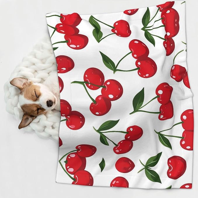 Cherry Print Soft Plush Pet Blanket, Washable Dog Blanket, Cat Fleece Throw, Puppy Bed Crate Mat & Sofa Couch Protector - Small