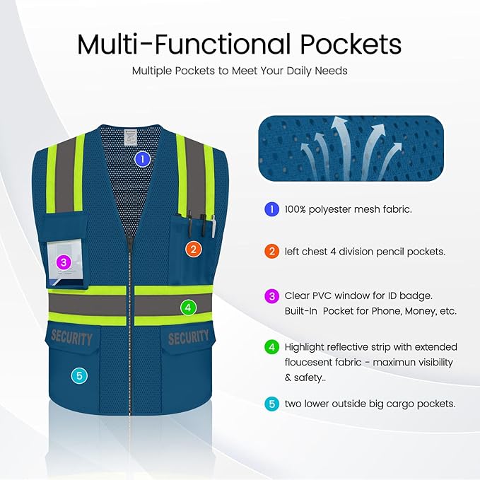 Security Vest for Security Guard, Safety Vest with Pockets, Reflective Work Wear with Zipper, High Visibility apparel, ANSI Compliant, Blue, XL