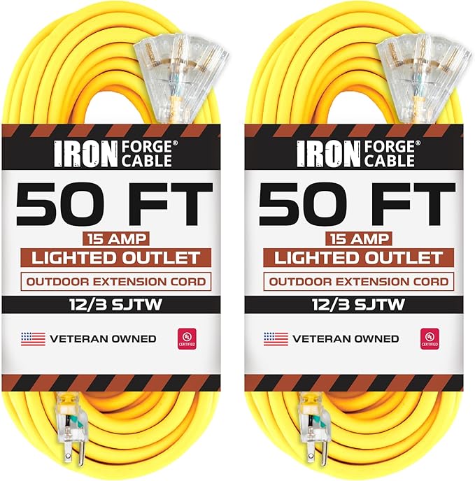 Iron Forge Cable 2 Pack 50 Foot Lighted Outdoor Extension Cord with 3 Outlets - 12/3 SJTW Heavy Duty Yellow Extension Cable 3 Prong - Multiple Outlets