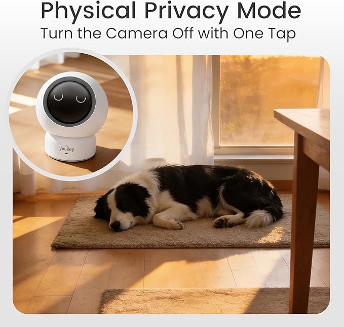 youkey 2.5K HD Indoor Pet Camera, Two-Way Audio Chat to Your Pets, 360° AI Pet Tracking, Privacy Mode, No Monthly Fees, Pet/Human Detection, Night Vision, WiFi 6（2.4GHz & 5GHz）