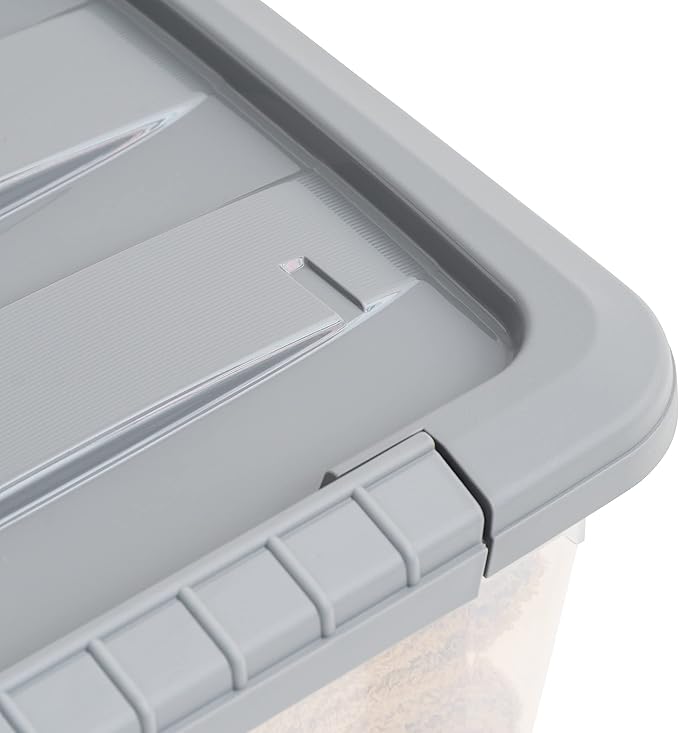 Amazon Basics Plastic Storage Containers with Secure Latching Lids, Stackable Organization Bins, Clear/Grey, 12 Quart, Set of 6