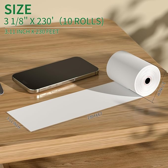 (10 Rolls) 3 1/8" x 230' Thermal Receipt Paper Rolls, Cash Register POS Thermal Paper, Credit Card Rolls Thermal 3 1/8 in x 230 ft.