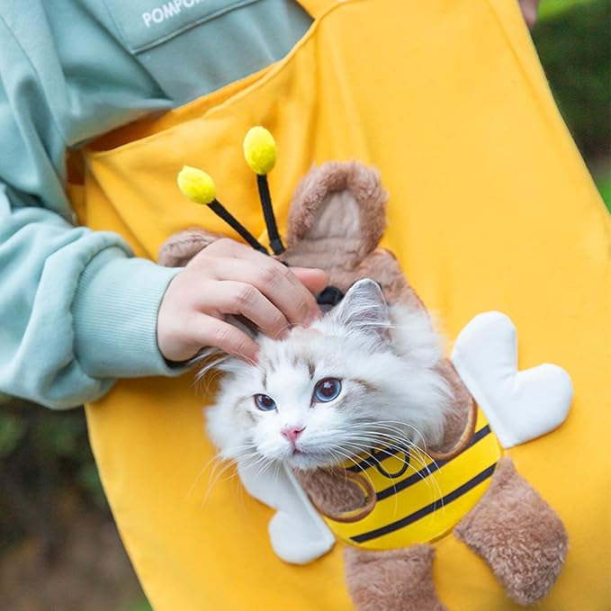 Pet Canvas Shoulder Carrying Bag, Cute Bee Shaped Cat Carrier, L Size Portable Kitten & Puppy Tote, Comfort Carriers for Small Dogs, Cats, and Pets, Handbag for Outdoor, Shopping, and Camping