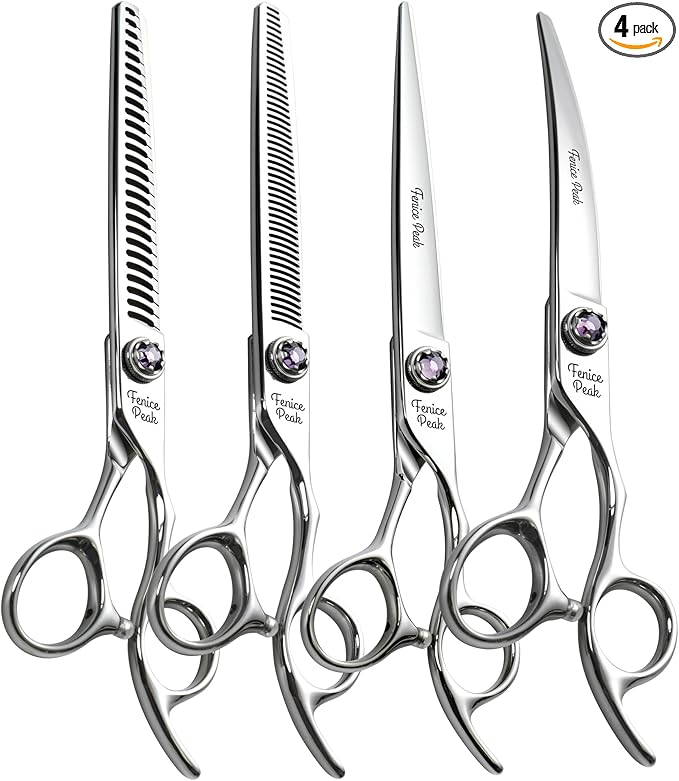 Fenice Peak 7 inch Dog Grooming Scissors Set 4PCS Straight Curved Thinner Chunker Professional Dog Shears Made of Japanese 440C Stainless Steel with Jewelled Screw Durable and Sharp