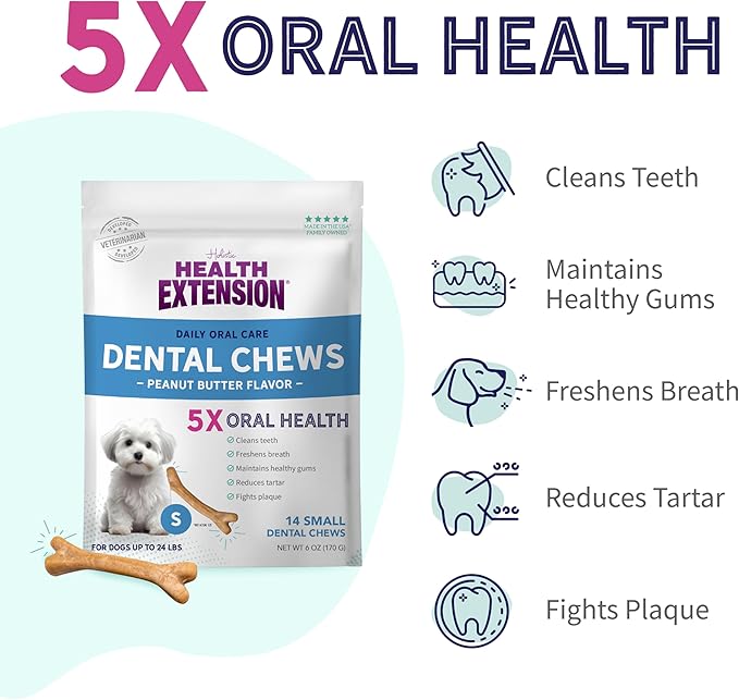 Health Extension Peanut Butter Dental Bones for Dogs, 14 Small Bones – Supports Dental Health, Delicious Flavor, Ideal for Puppy Training