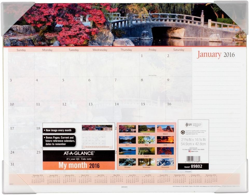 AT-A-GLANCE Monthly Desk Pad Calendar 2016, Landscapes Panoramic, 21-5/8 x 16-7/8 (89802)