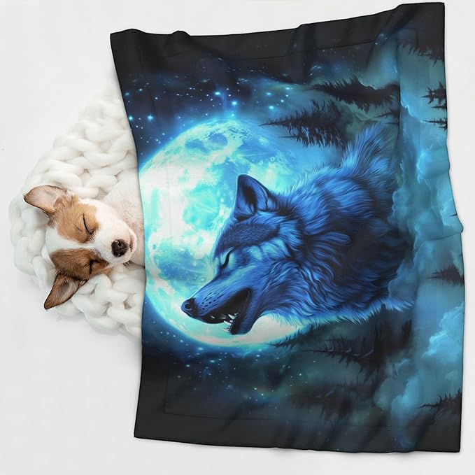 Wolf Blanket for Pet - Animal Throw Blanket 23x16 Moon Night Couch Blankets for Puppy Dogs Cats