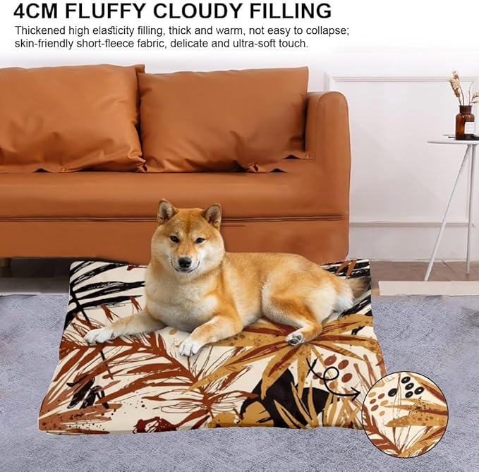 Modern Brown Tropical Leaves Dog Camping Bed Dog Travel Mat Pad Crate Bed Washable Non-Slip Medium for Crate Beds for Small Dogs Travel Mat Medium Size Beds Indoor Outdoor 36X24 Inch