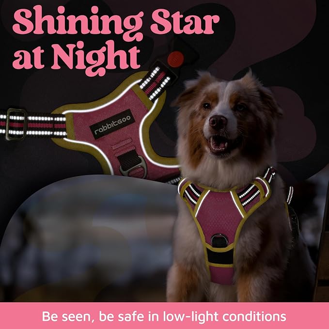 rabbitgoo Dog Harness Medium Sized, No Pull Dog Vest with 3 Buckles, Adjustable Soft Padded Pet Harness with Easy Control Handle and Reflective Strips, Pink & Yellow, M