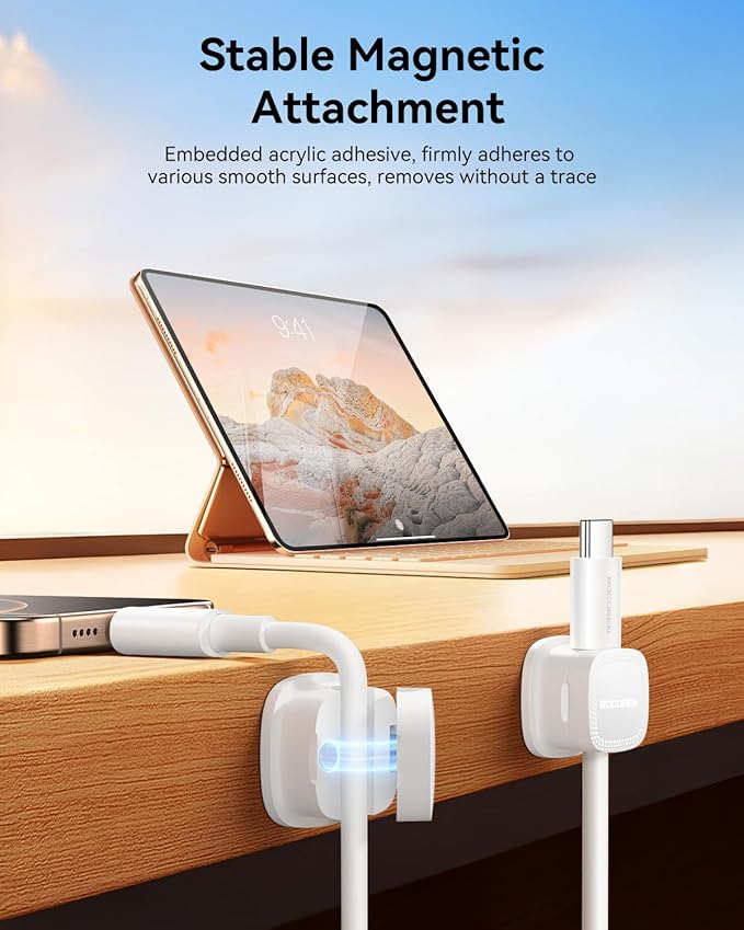 30 Pack Cable Management Cord Organizer,Magnetic Cable Clips-1s Lock,Rocoren Desk Adhesive Cord Cable Clip Wire Holder Keeper for Phone Charger Wire,Nightstand,Car,Office,Desktop Accessory,White