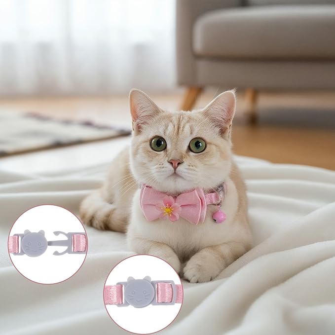 Larrel 2 Pcs Pink Cat Collar Bow, Adjustable Comfortable Pearl Cat Collar with Bow Cute Collars for Girl Cats Breakaway Kitten Accessories with Safety Buckle for Preventing Cats from Get Lost