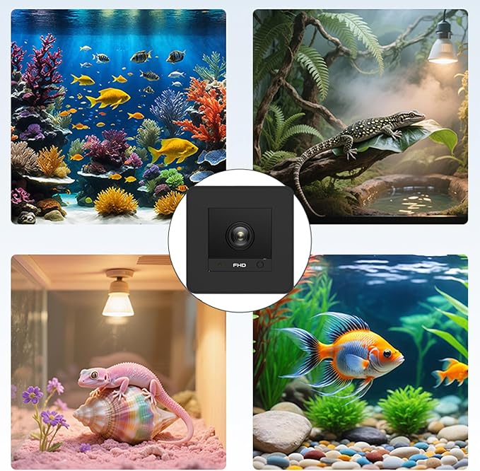 Fish Tank Camera, 2K HD for Aquarium & Reptile Terrarium, 140° Wide-Angle with Anti-Glare, Night Vision, WiFi Pet Camera with AI Motion Detection, 2-Way Audio, 24/7 Cloud/SD Recording (Black)