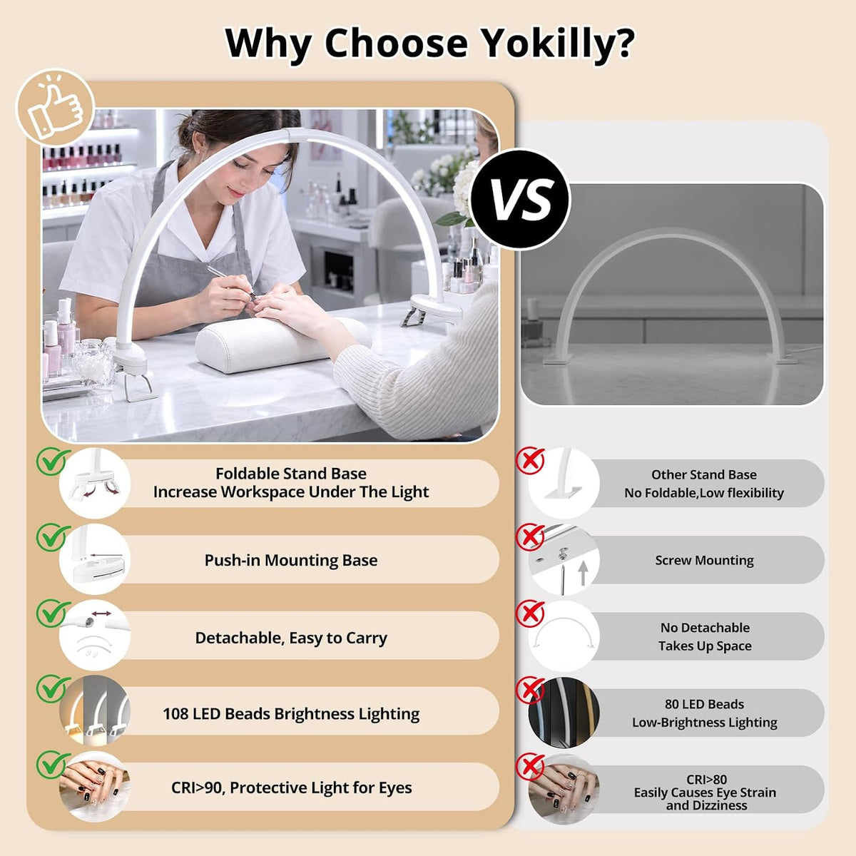 Yokilly Half Moon Light for Nail Desk: 23" Detachable Nail Light for Desk