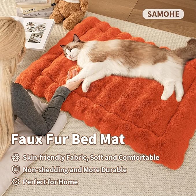 Self-Warming Cat Bed, Plush Faux Fur Pet Bed Mat with Anti-Slip Bottom, Ultra Soft Heated Bed for Cats & Medium Dogs, Cozy Fluffy Pad for Couch & Crate, Machine Washable, 27x20 Inch Orange