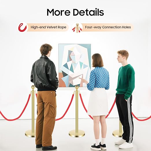 8 Pcs Stanchions with Red Velvet Ropes Set, 4 Red Velvet Ropes and 8 Stainless Steel Posts with Base, Runner Poles for Red Carpet Party Decoration Crowd Control Barriers (Golden)