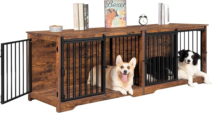78" Dog Crate Furniture for 2 Dogs, Double Dog Cage with Divider, Wooden Heavy Duty Dogs Kennel, Pet Cage with Barn Door, TV Stand for Large Small Medium Dogs, Rustic Brown DFC83701BV1