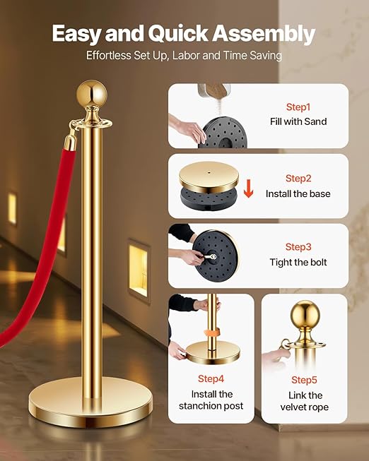 VEVOR Stanchions and Velvet Ropes 6Pcs, Hollow Base with Stainless Steel Post, 4 Red Velvet Ropes and Posts, Crowd Control Barriers Gold Stanchions, Red Carpet Runner Poles for Party Supplies